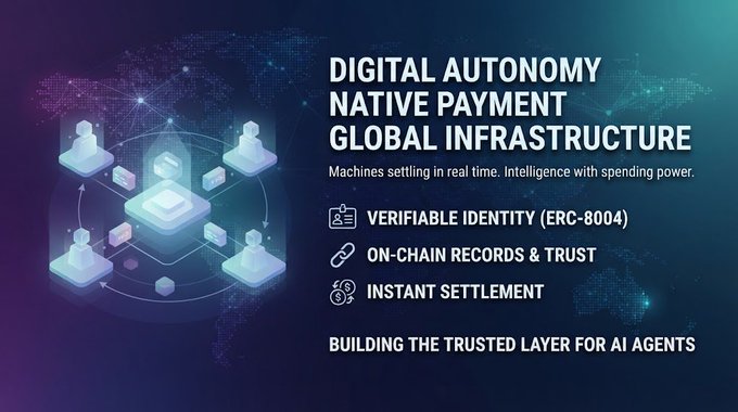 A promotional graphic for digital autonomy native payment global infrastructure, highlighting verifiable identity (ERC-8004), on-chain records & trust, and instant settlement, with the tagline 'Building the trusted layer for AI agents.'
