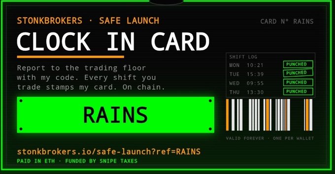 A digital 'CLOCK IN CARD' promotional graphic for 'STONKBROKERS · SAFE LAUNCH' featuring card holder 'RAINS' with a shift log showing four 'PUNCHED' entries and a referral link.