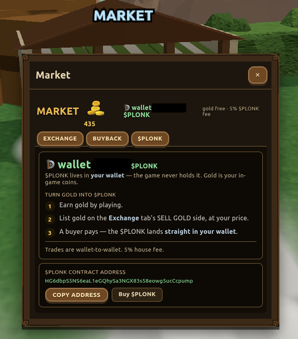 A 'MARKET' interface from a game showing options to Exchange, Buyback, or buy $PLONK cryptocurrency, explaining how to turn in-game gold into $PLONK with a 5% house fee and providing a contract address.