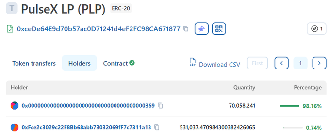 A blockchain explorer interface for PulseX LP (PLP) ERC-20 token showing holders tab, with address 0x000...0369 holding 98.16% (70,058.241 tokens) and another address holding 0.74%.