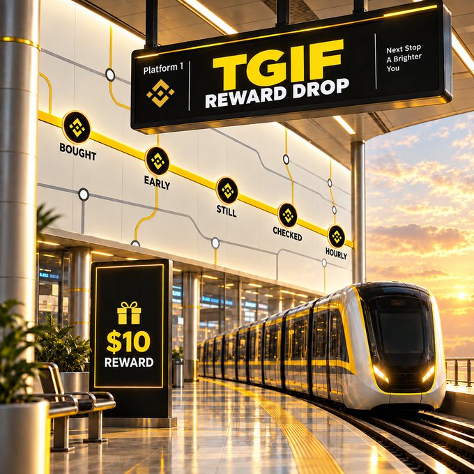 A futuristic train station platform features a digital sign reading "TGIF REWARD DROP" and "Platform 1," alongside a "$10 REWARD" advertisement and a wall displaying the crypto journey words: "Bought Early Still Checked Hourly." The scene visually reinforces the post's TGIF reward challenge by showcasing the winning five-word crypto story along the station's route.