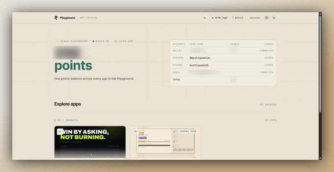 A dashboard interface for Playground showing a 'points' catalog with connected accounts (wallet, Discord, GitHub, email) and an 'Explore apps' section featuring apps like 'WIN BY ASKING, NOT BURNING'.