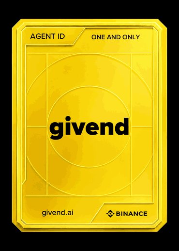 A similar yellow Binance agent ID card reads “AGENT ID,” “ONE AND ONLY,” “givend,” “givend.ai,” and “BINANCE.”