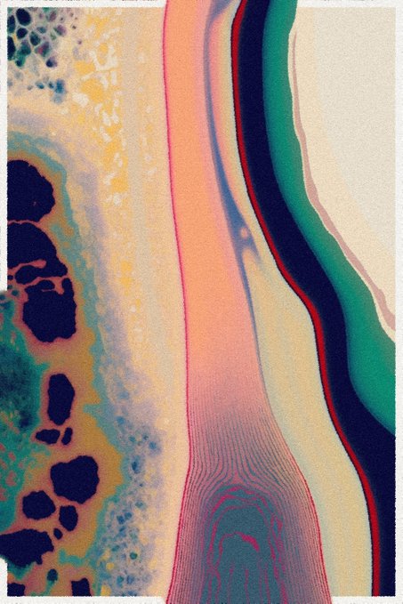 An abstract artwork with flowing, organic shapes in shades of pink, teal, yellow, and deep purple.