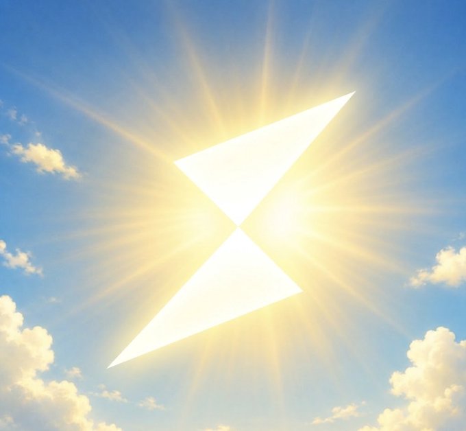 A glowing bowtie-shaped sun radiates light across a blue, cloud-dotted sky, symbolizing a bright, carefree day that pairs with the post's message about enjoying KYC-free crypto swaps.