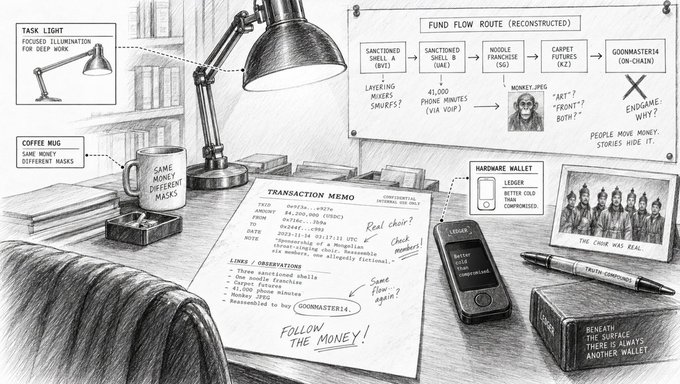 A hand-drawn illustration depicts a detective's desk scene complete with task light, coffee mug, and laptop, alongside a reconstructed flowchart tracing $4.2M in TAO from three sanctioned shell companies through a noodle franchise front to on-chain wallet "GOONMASTER14," with a transaction memo noting "sponsorship of a Mongolian throat-singing choir" exposed as a cover for "goon monsters."