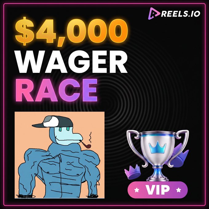 A promotional graphic for a "$4,000 WAGER RACE" on Reels.io, featuring a muscular cartoon crocodile smoking a cigar and a VIP trophy. The post encourages users to sign up with referral code "ICED" and gamble to compete for cash prizes in the race.