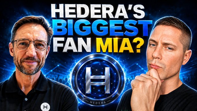 A YouTube thumbnail reading 'HEDERA'S BIGGEST FAN MIA?' featuring the Hedera (HBAR) logo between two men.