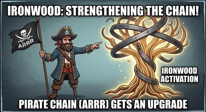 A cartoon graphic titled 'IRONWOOD: STRENGTHENING THE CHAIN!' shows a pirate pointing at a glowing tree wrapped in chains, with text 'IRONWOOD ACTIVATION' and 'PIRATE CHAIN (ARRR) GETS AN UPGRADE'.