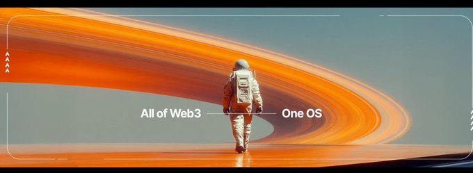 A promotional image showing an astronaut walking toward an orange glowing portal with text 'All of Web3 — One OS'.
