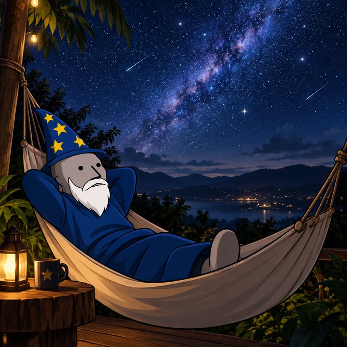 An animated wizard in blue robes and a star-patterned hat relaxes in a hammock under a stunning starry galaxy, with a lantern and mug beside him on a tree stump. The serene, victorious "life is good" vibe of the image mirrors the post's celebratory mood about hitting a portfolio all-time high, with "WIZZ" tying into the wizard character as a playful signature.