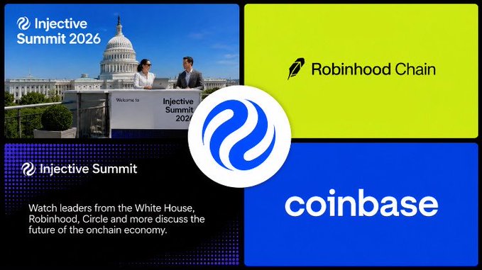 A promotional collage for 'Injective Summit 2026' featuring the Injective logo, Robinhood Chain, and Coinbase logos, with text 'Watch leaders from the White House, Robinhood, Circle and more discuss the future of the onchain economy.'
