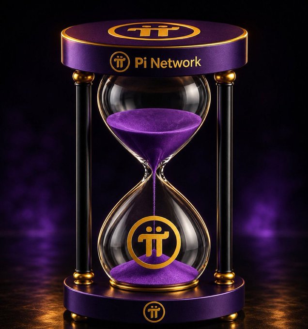 An ornate purple and gold hourglass branded with the Pi Network logo contains purple sand against a dark background.