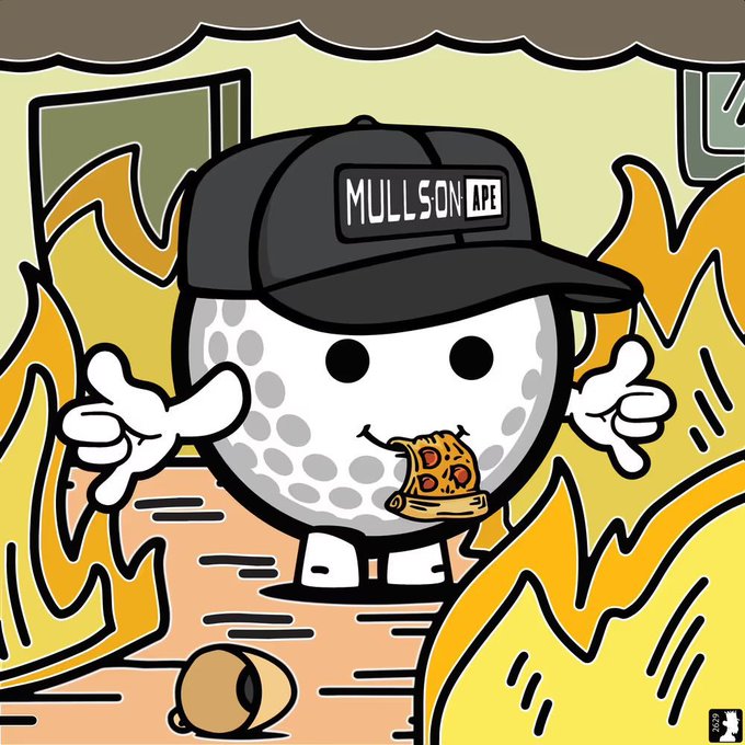 A cartoon character resembling a golf ball wearing a black 'MULLSON APE' cap, eating a slice of pizza while standing on a wooden surface surrounded by flames.