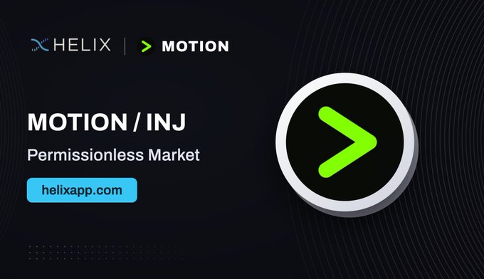 A promotional graphic with a dark background displays the logos 'HELIX' and 'MOTION', with text reading 'MOTION / INJ' and 'Permissionless Market', along with a button for 'helixapp.com' and a large circular play button icon.