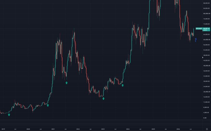 A long-term candlestick chart showing Bitcoin's price action from 2019 to 2026, ranging from roughly $4,000 to over $80,000, with green upward arrows marking key support points and a blue "?" near the current price around $56,007, illustrating the challenge of distinguishing random green candles from genuine trend reversals at the start of new bull runs.