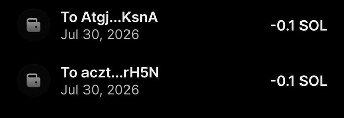The image shows two wallet-to-wallet transactions dated July 30, 2026, each sending -0.1 SOL from the sender to the recipients "Atgj...KsnA" and "aczt...rH5N" (corresponding to winners Zhang5ioy and TuitXxrscq via their linked Solscan transactions), visually verifying the 0.1 SOL giveaway payouts announced in the post.