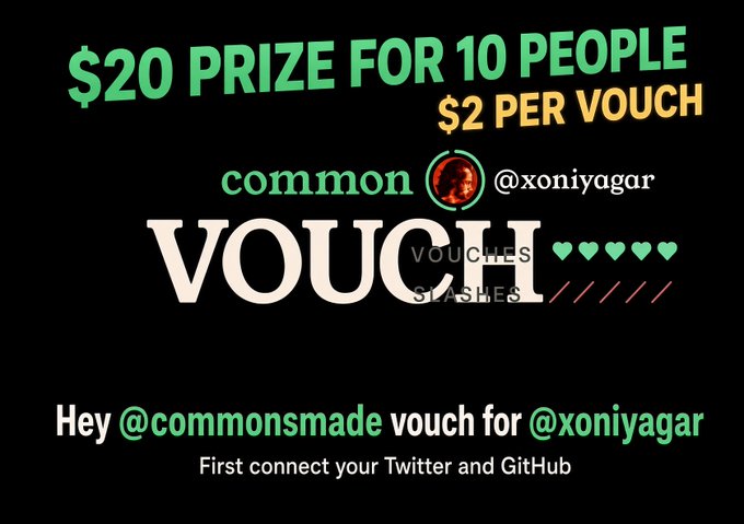 A promotional graphic reading '$20 PRIZE FOR 10 PEOPLE, $2 PER VOUCH' for common @xoniyagar, featuring the word VOUCH with voucher and slashes metrics.