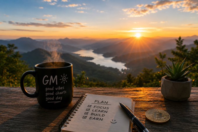 A scenic sunset landscape view over mountains and water, with a wooden table in the foreground holding a 'GM good vibes' mug, a notebook with a 'PLAN' checklist, a pen, and a Bitcoin.