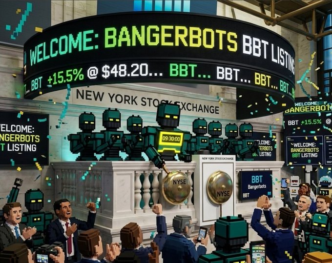 An animated scene depicting a "BBT" (BangerBots) listing at the New York Stock Exchange, showing robot characters and celebrating people with ticker signs showing +15.5% at $48.20.