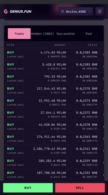 A trading interface from 'GENIUS.FUN' showing multiple buy orders for the MILAN token priced in BNB, with green BUY and red SELL buttons at the bottom.