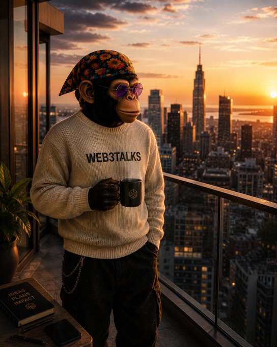A stylish monkey wearing a floral bandana, purple sunglasses, and a "WEB3TALKS" sweater sips coffee on a high-rise balcony overlooking a city skyline at sunset, with a notebook labeled "IDEAS PLANS IMPACT" beside it—perfectly matching the uplifting "gm ct are you ready for your winning week?" vibe.