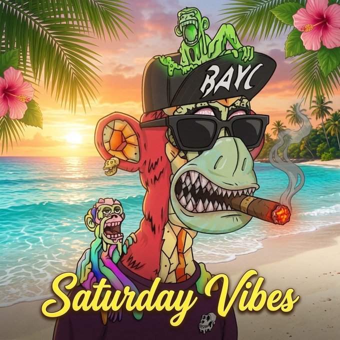 A colorful cartoon illustration shows a zombie-like ape wearing sunglasses and a 'BAYC' cap, smoking a cigar on a tropical beach with palm trees, accompanied by smaller monkeys and the text 'Saturday Vibes'.