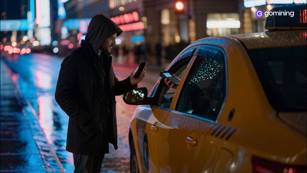 The image shows a man standing next to an orange taxi cab, using his cell phone while waiting for the taxi driver to open the door of the car. The text in the image reads "Every other card pays you back in points. Points expire. Points buy nothing. The GoMining Card pays you back in mining power - real hashrate that keeps making Bitcoin long after the purchase is gone." This message suggests that the man's taxi ride could be related to a cryptocurrency-related service, such as mining or trading Bitcoins.