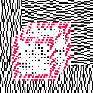 The image features a black and white pattern with a red square at its center, surrounded by smaller squares of varying sizes. The background consists of vertical lines that create a sense of depth and dimension. The text "more Glitch Block created" is written in the bottom right corner of the image.