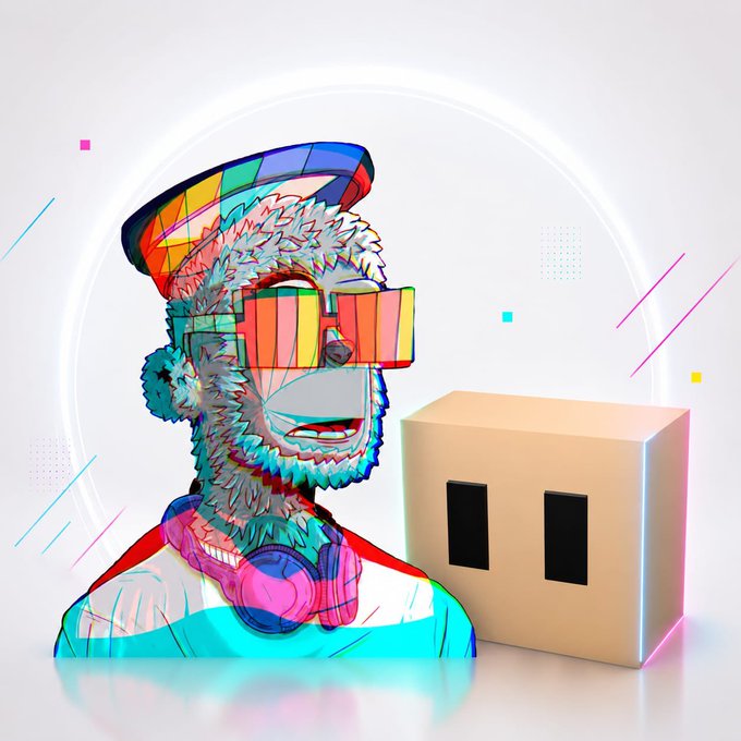 A colorful, glitch-effect digital art illustration of a monkey wearing a colorful cap, sunglasses, and headphones, positioned next to a cardboard box with rectangular cutouts resembling a face.