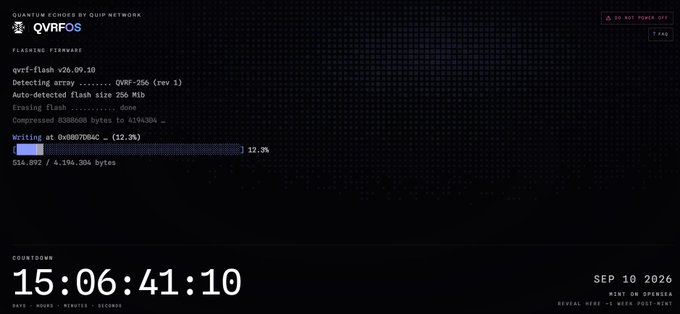 A terminal screen showing QVRFOS quantum firmware details, including 'qvr-flash v26.09.10,' 'Detecting array ........ QVRF-256 (rev 1),' 'Auto-detected flash size 256 MiB,' and a countdown timer at '15:06:41:10' dated 'SEP 10 2026.'