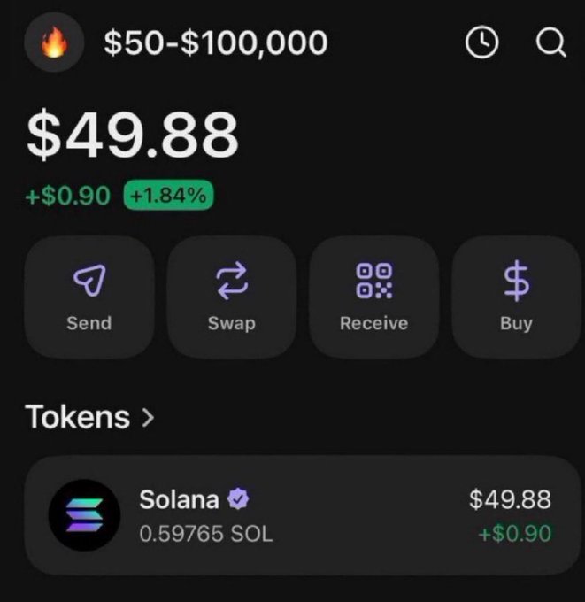 A screenshot of a crypto wallet showing a $50–$100,000 portfolio challenge tracker with a current balance of $49.88 and a +1.84% gain, holding 0.59765 SOL valued at $49.88 (up $0.90). The image supports the post's "$50 to $100,000 challenge" promotion by visually demonstrating a near-$50 starting portfolio using Solana.