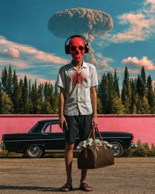 A surreal image of a figure wearing a red skull mask, headphones, and a blood-stained shirt, holding cash and a Louis Vuitton-style bag, standing before a vintage black car with a mushroom cloud in the background.