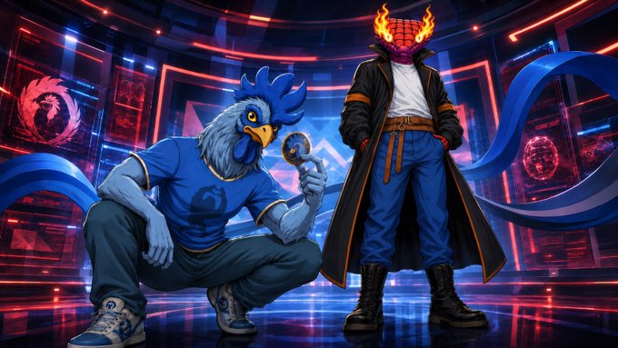 Two anthropomorphic mascots—a blue-feathered rooster in a sports jersey and a flame-headed viper in a leather trench coat—stand together in a neon-lit futuristic arena, symbolizing the announced partnership between the $COCK and $vipercoin_ADA communities. The image visually unites the two project identities, representing the "exciting collaboration" between the Cardano-based communities.
