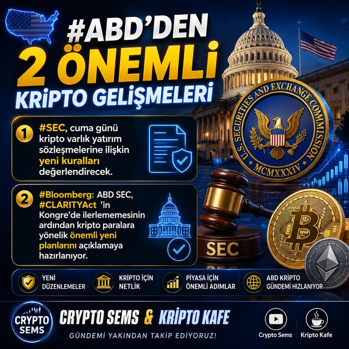 A Turkish-language crypto news graphic titled '#ABD'DEN 2 ÖNEMLİ KRİPTO GELİŞMELERİ' (2 Important Crypto Developments from the USA) featuring the US Capitol, SEC seal, gavel, Bitcoin and Ethereum coins, announcing SEC's review of crypto custody rules on Friday and plans regarding crypto legislation after the CLARITY Act stalled in Congress.