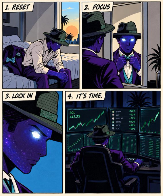 A four-panel comic shows a glowing, cosmic-eyed figure in a fedora and suit progressing through a morning ritual: "1. RESET" (sitting on a bed), "2. FOCUS" (tying his bow tie in the mirror), "3. LOCK IN" (intense close-up), and "4. IT'S TIME" (seated before multiple monitors displaying green bullish charts with tickers like SOL at +42.3%, BONK +28%, WIF +93%, POPCAT +76%, and BOME +112%). The image humorously frames the poster's memecoin trading dilemma as an epic, high-stakes mission—suggesting the choice between launching on @Pumpfun or @fomo is a monumental "boss level" decision requiring total focus.