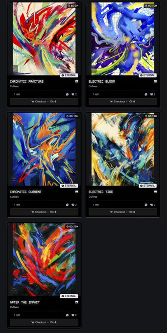 A digital art marketplace displaying five vibrant NFT-style artworks titled 'CHROMATIC FRACTURE', 'ELECTRIC BLOOM', 'CHROMATIC CURRENT', 'ELECTRIC TIDE', and 'AFTER THE IMPACT'.