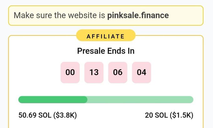 The image shows a PinkSale presale page for a token, displaying a countdown timer of 00:13:06:04 until the presale ends, with 50.69 SOL ($3.8K) raised against a 20 SOL ($1.5K) goal. The warning at the top emphasizes verifying the website is pinksale.finance, likely cautioning against scam sites impersonating the official presale platform for the $WINPOOP token.