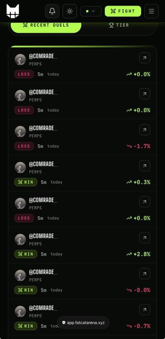 A mobile app interface displays a 'RECENT DUELS' tab with multiple entries for '@COMRADE__' showing a mix of losses and wins with percentage changes, and a 'FIGHT' button at the top.