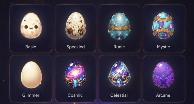The image shows nine different types of eggs, each with unique colors and designs, arranged in a grid-like pattern against a dark background. The text above the eggs reads "Which egg are you cracking today? Every hatch is a new chance. Every egg holds a different destiny". This suggests that the eggs have been chosen for their distinct characteristics or meanings, possibly as part of an Easter egg hunt or game.
