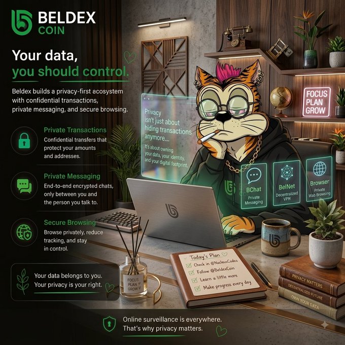 A promotional graphic for Beldex Coin featuring a stylized tiger mascot wearing glasses and a chain, working on a laptop in a modern office setting. The ad highlights Beldex's privacy-first ecosystem with features like private transactions, encrypted messaging via BChat, BelNet VPN, and secure browsing, bearing the tagline "Your data, you should control."