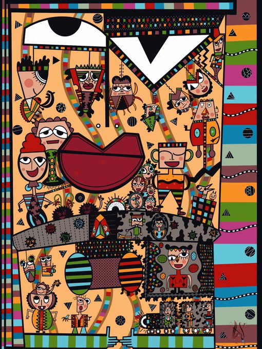 A colorful, densely packed naive or folk art-style illustration filled with stylized figures, faces, and geometric patterns on a tan background.