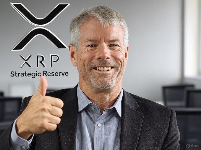 The image shows Michael Saylor giving a thumbs-up with the XRP logo and "Strategic Reserve" text superimposed, aligning with the post's claim about his support for XRP.