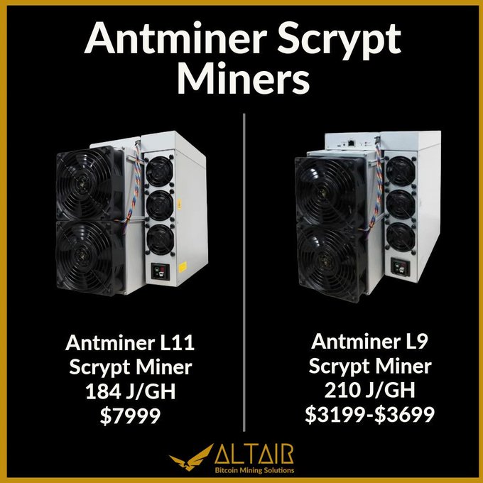 The image features a comparison of two Antminer Script Miners - one being Antminer L9 and the other being Antminer L11. These miners are available for purchase as well, with prices ranging from $699 (with shipping) at Altair to $3999 without shipping. The post is promoting these products, likely aiming to attract potential customers interested in investing or mining Bitcoins.