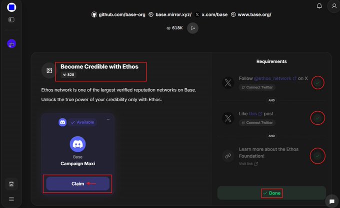 Screenshot of the Base.org campaign page for 'Become Credible with Ethos', showing requirements to follow @ethos_network, like a post, and learn about Ethos, with a 'Claim' button highlighted.