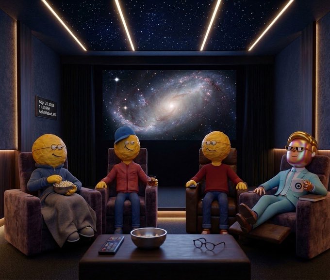 Four anthropomorphic orange/citrus fruit characters sit in a private home theater with a galaxy displayed on the screen, with text on a side panel reading 'Borgy 24, 2060 / 11:00 PM / Somewhere, SK'.