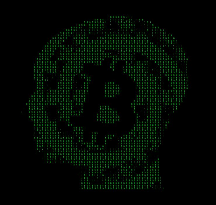 The image features a digital art piece that depicts a person's head rendered in a grid format with green squares. The word "B" is prominently displayed within this grid, which could be interpreted as a representation of Bitcoin or a symbol related to cryptocurrency. The background color of the image is black, providing contrast and making the green squares stand out. The overall composition of the image suggests that it may be an advertisement for Bitcoin or a promotional piece related to cryptocurrency.
