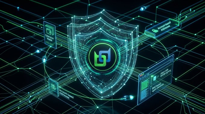 A digital illustration shows a glowing translucent shield with a green and blue 'S' logo at its center, surrounded by network connections and floating holographic screens displaying security-related text.