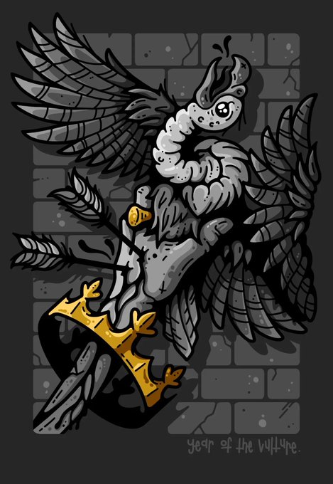 A stylized illustration of a crowned vulture labeled 'Year of the Vuluture' in front of a brick wall background.