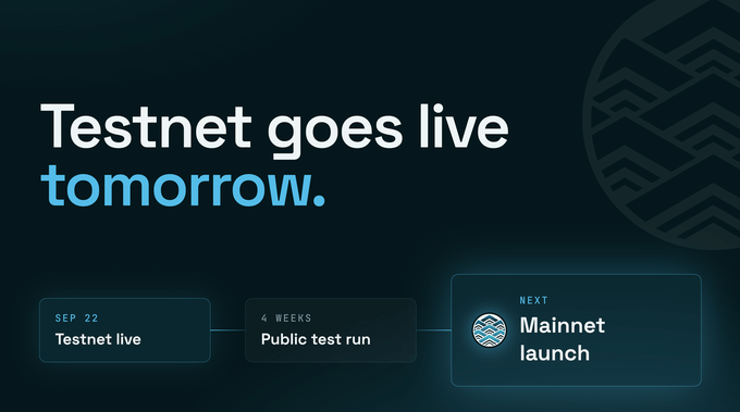 A dark promotional graphic announcing 'Testnet goes live tomorrow' with a timeline showing Testnet live on Sep 22, Public test run for 4 weeks, followed by Mainnet launch.